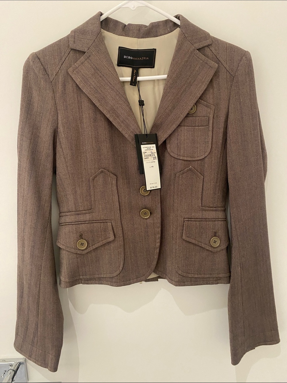 NWT BCBGMaxAzria Blazer Three Button Herringbone and Striped Blazer Size XS